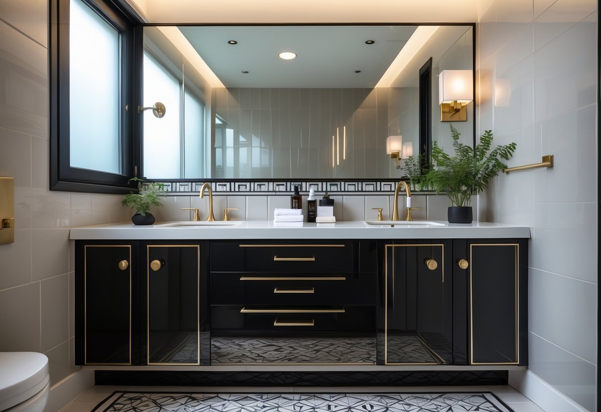 A bathroom with black lacquered vanities, a large mirror, patterned floor tiles, and natural light coming through a window.