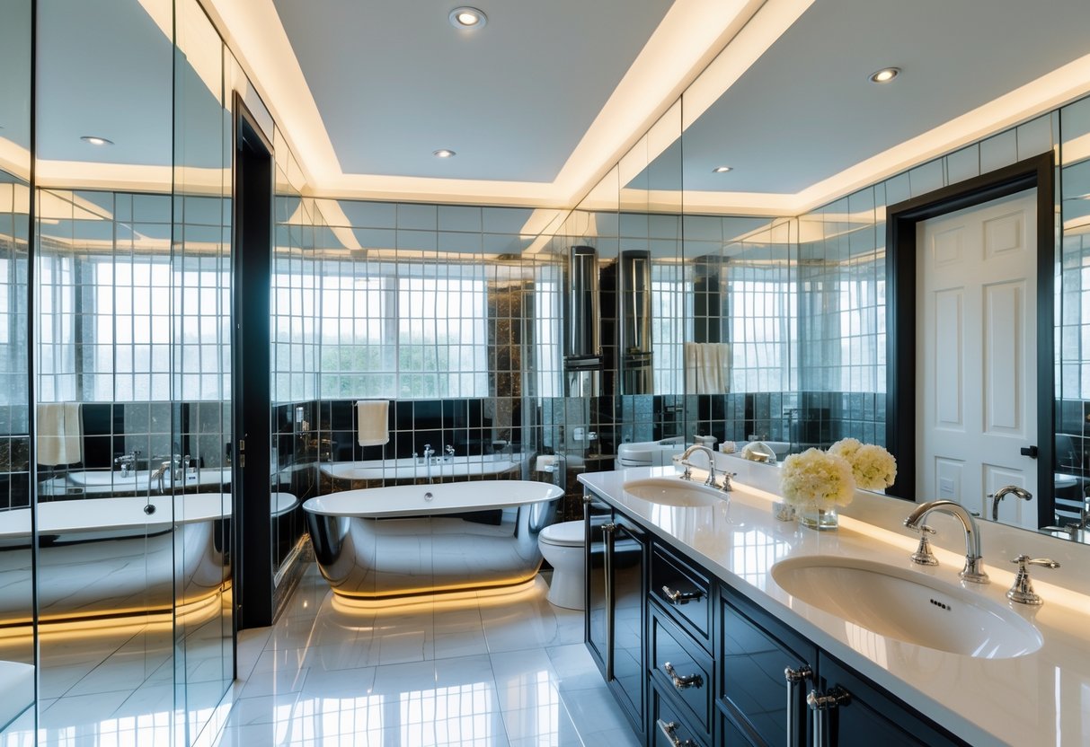 A bright bathroom with mirrored walls and surfaces reflecting light, featuring a double vanity, freestanding bathtub, and elegant fixtures.