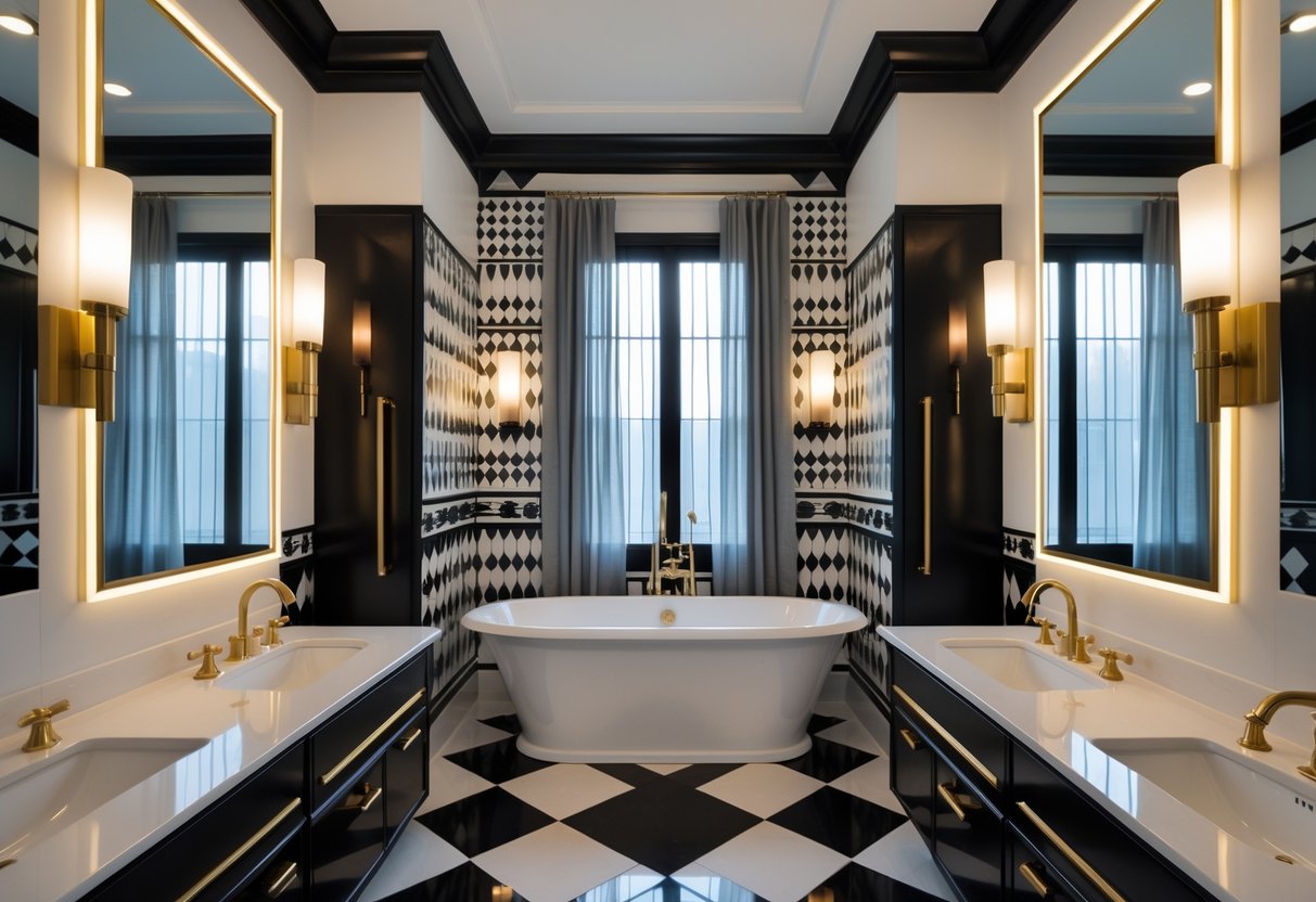 A symmetrical bathroom with twin sinks, mirrors, a freestanding bathtub, and geometric patterned tiles in black, white, and gold.
