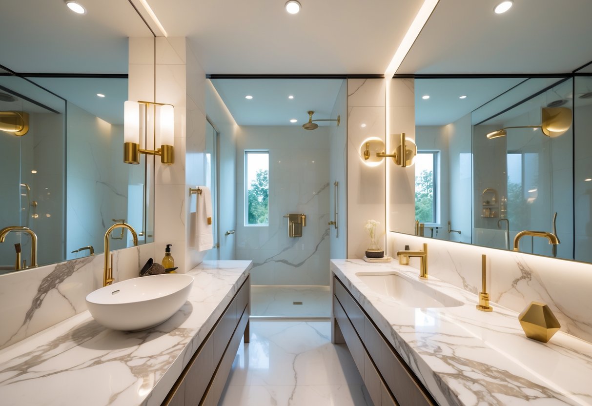 A bright bathroom with marble countertops, a sink, mirror, and elegant lighting fixtures.