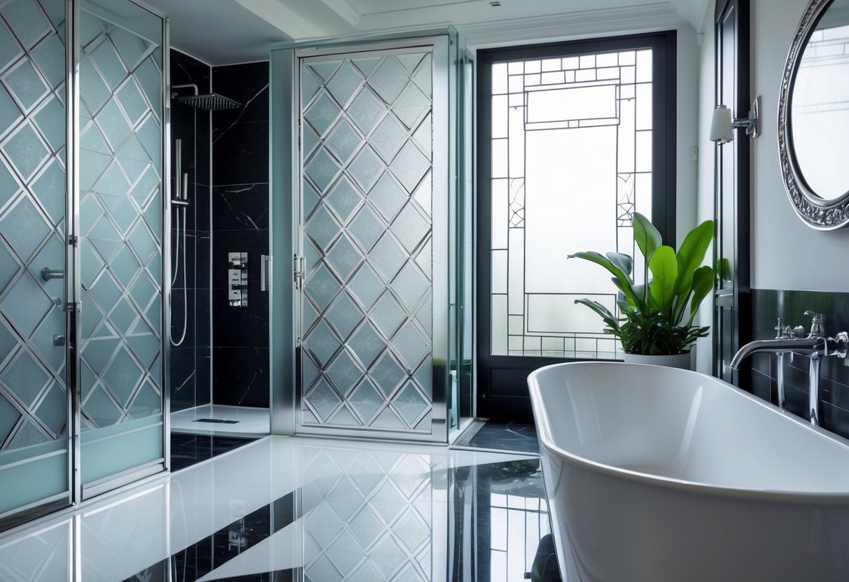 A modern bathroom with etched glass shower doors, a freestanding bathtub, and a large mirror, illuminated by natural light.