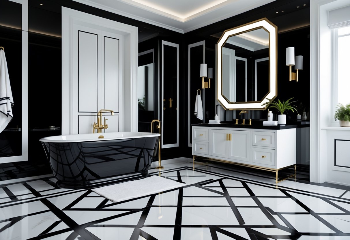 A luxurious bathroom with a black freestanding bathtub, geometric black and white floor tiles, a large mirror, and gold fixtures.