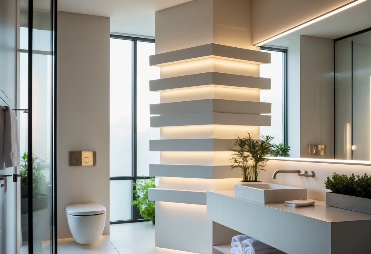A modern bathroom interior with tiered wall lighting fixtures, a vanity with a large mirror, and clean, polished surfaces.