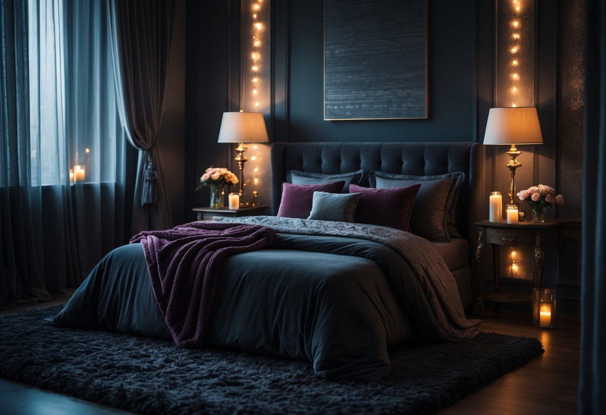A cozy bedroom with a large bed, dark bedding, warm ambient lighting, a nightstand with flowers and a candle, and sheer curtains over windows.