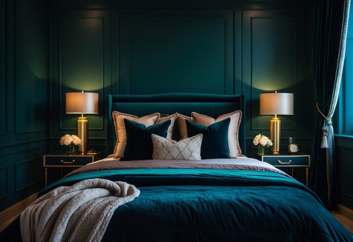 A bedroom with deep green and navy blue walls, a bed with plush bedding, and warm ambient lighting.