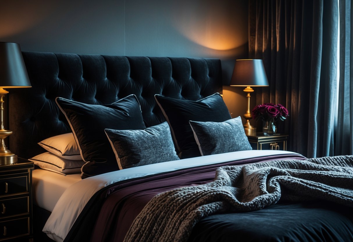 A bedroom with a soft black velvet headboard, dark bedding, warm ambient lighting, and elegant decorative accents.
