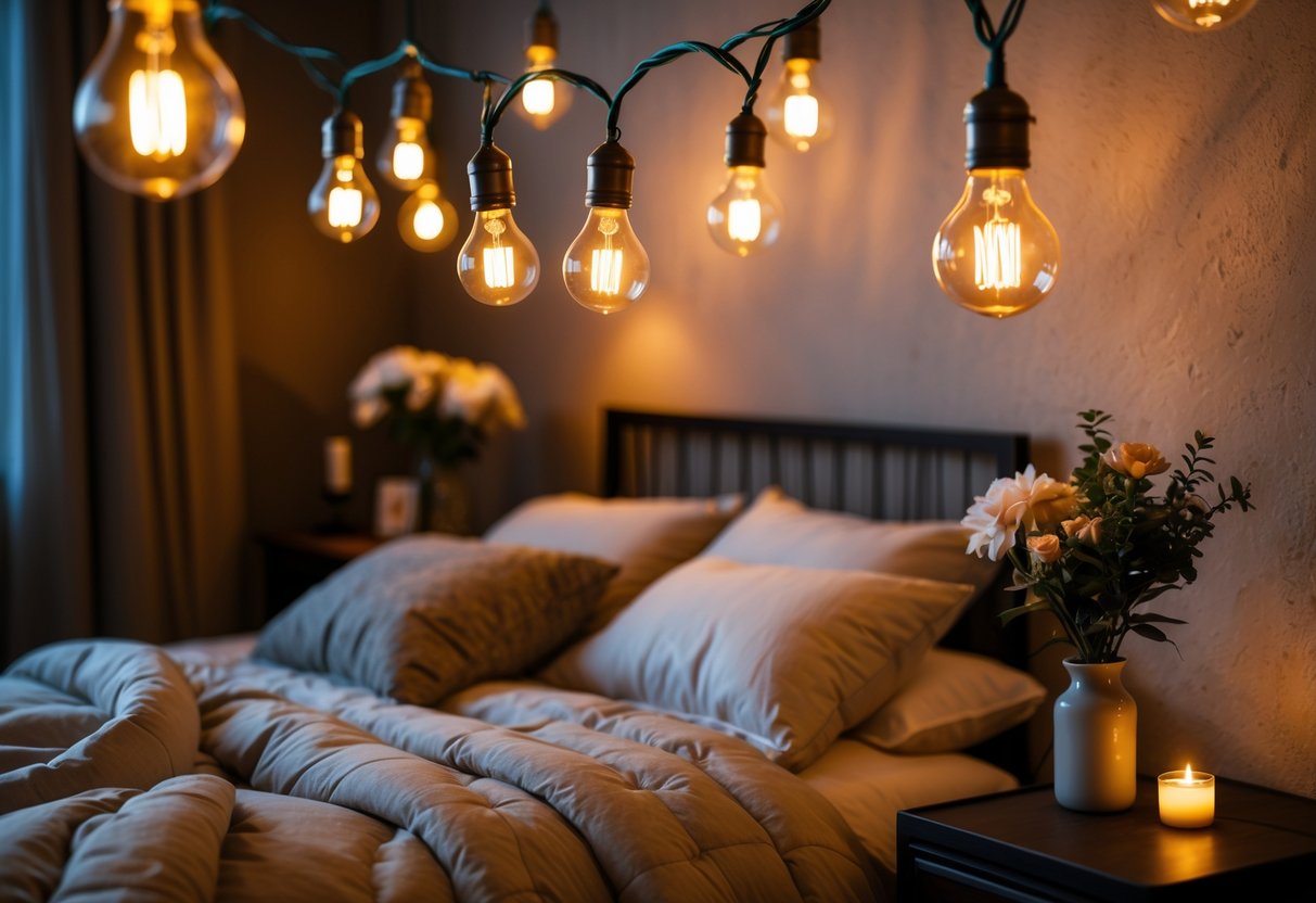 A cozy bedroom lit by warm Edison bulb string lights with a neatly made bed and soft lighting creating a romantic atmosphere.