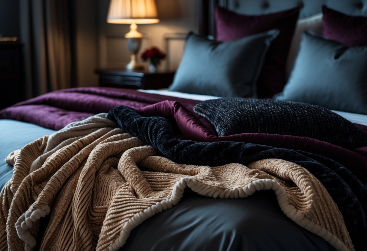A bed with layered silk and chenille throws in a dimly lit bedroom with warm lighting and decorative furnishings.