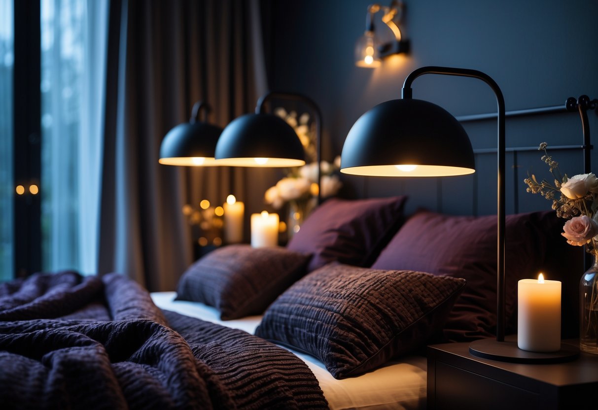 A bedroom scene with matte black metal bedside lamps glowing softly beside a bed with dark-colored bedding and romantic decor.