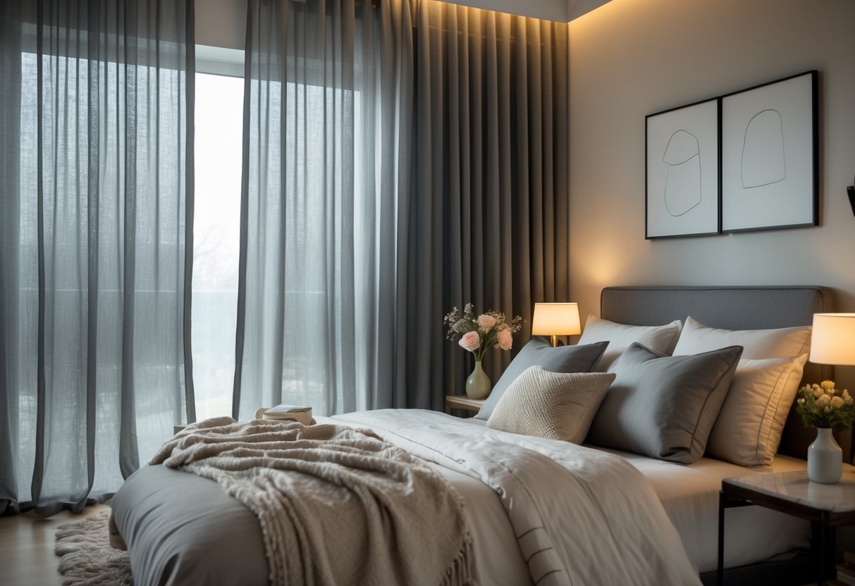 A bedroom with charcoal gray sheer blackout curtains partially drawn, soft lighting, a neatly made bed, and a bedside table with a lamp and flowers.