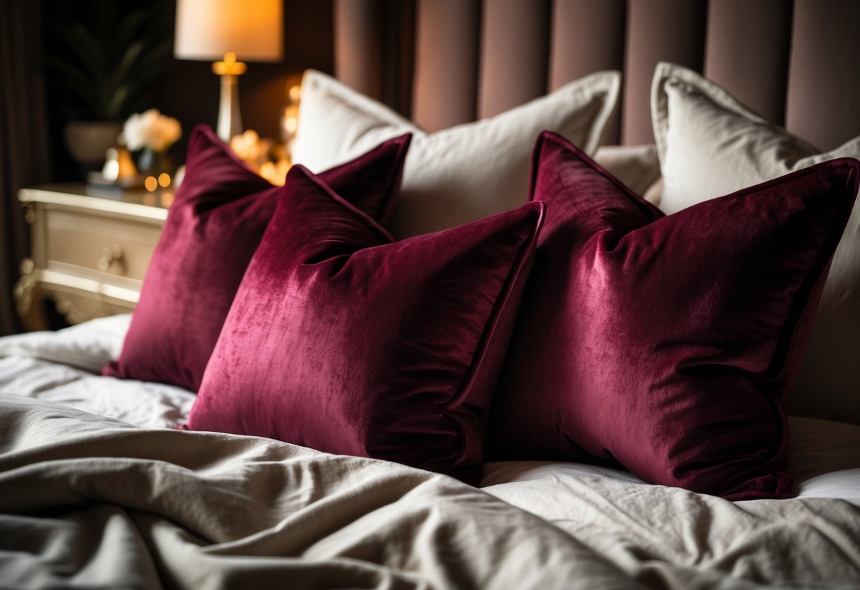 A bed with burgundy velvet and suede pillows arranged on soft neutral bedding in a warmly lit bedroom.