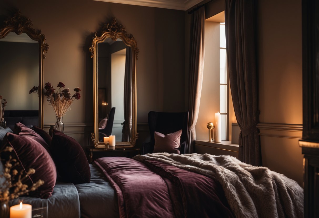 A cozy bedroom with antique brass framed mirrors on the walls, soft warm lighting, and plush bedding in deep colors.