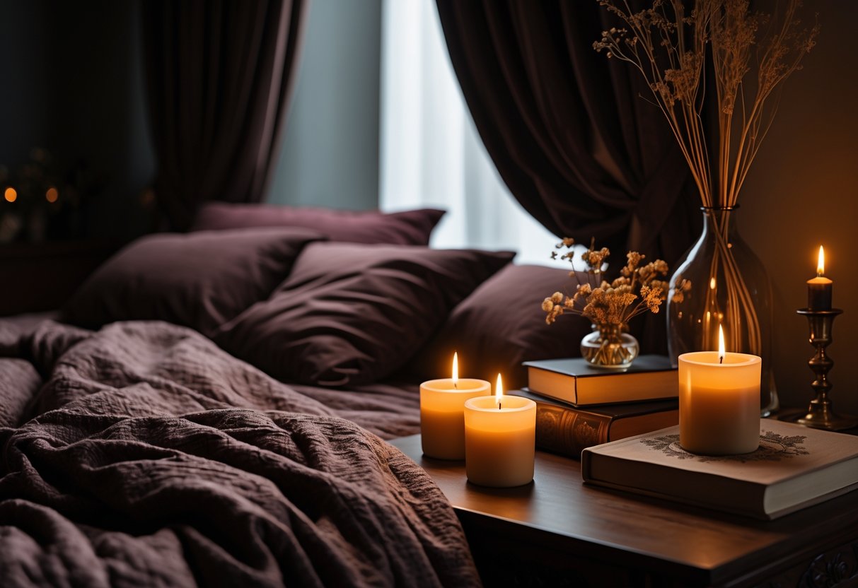 A bedroom with lit candles on a nightstand next to a cozy bed with dark bedding and soft ambient lighting.
