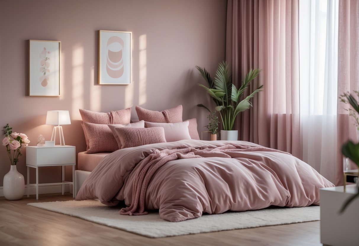 A bedroom with a bed covered in dusty pink bedding, soft natural light, white furniture, and decorative plants.