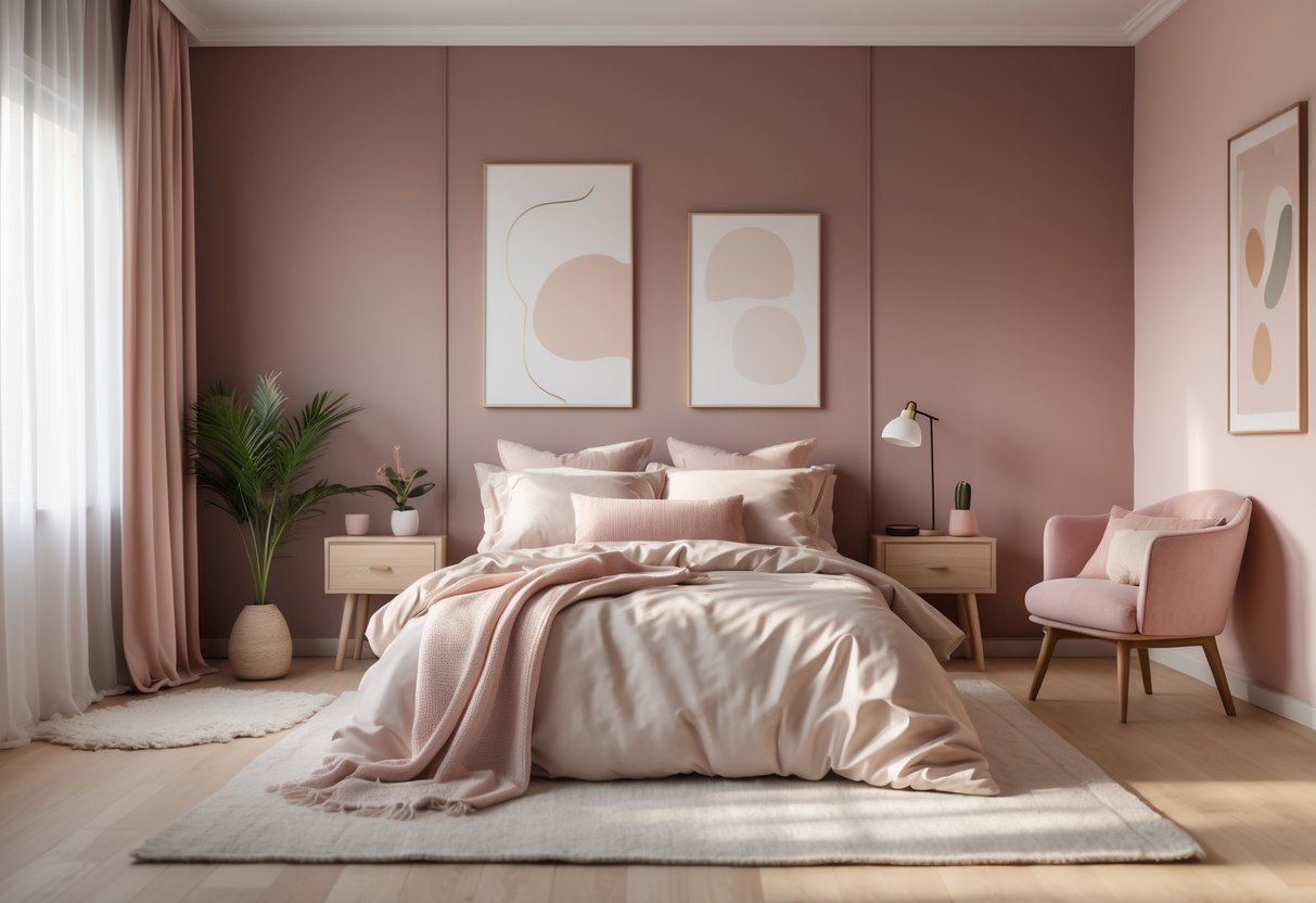 A bedroom with dusty pink accent walls, a bed with neutral bedding, a wooden nightstand with a lamp and plant, and soft natural light coming through sheer curtains.