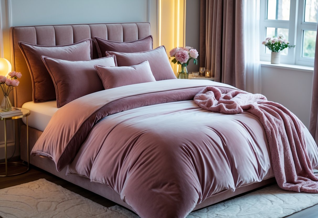 A bedroom with a bed made with dusty pink velvet bedding, including pillows and a throw, next to a bedside table with a vase of flowers.