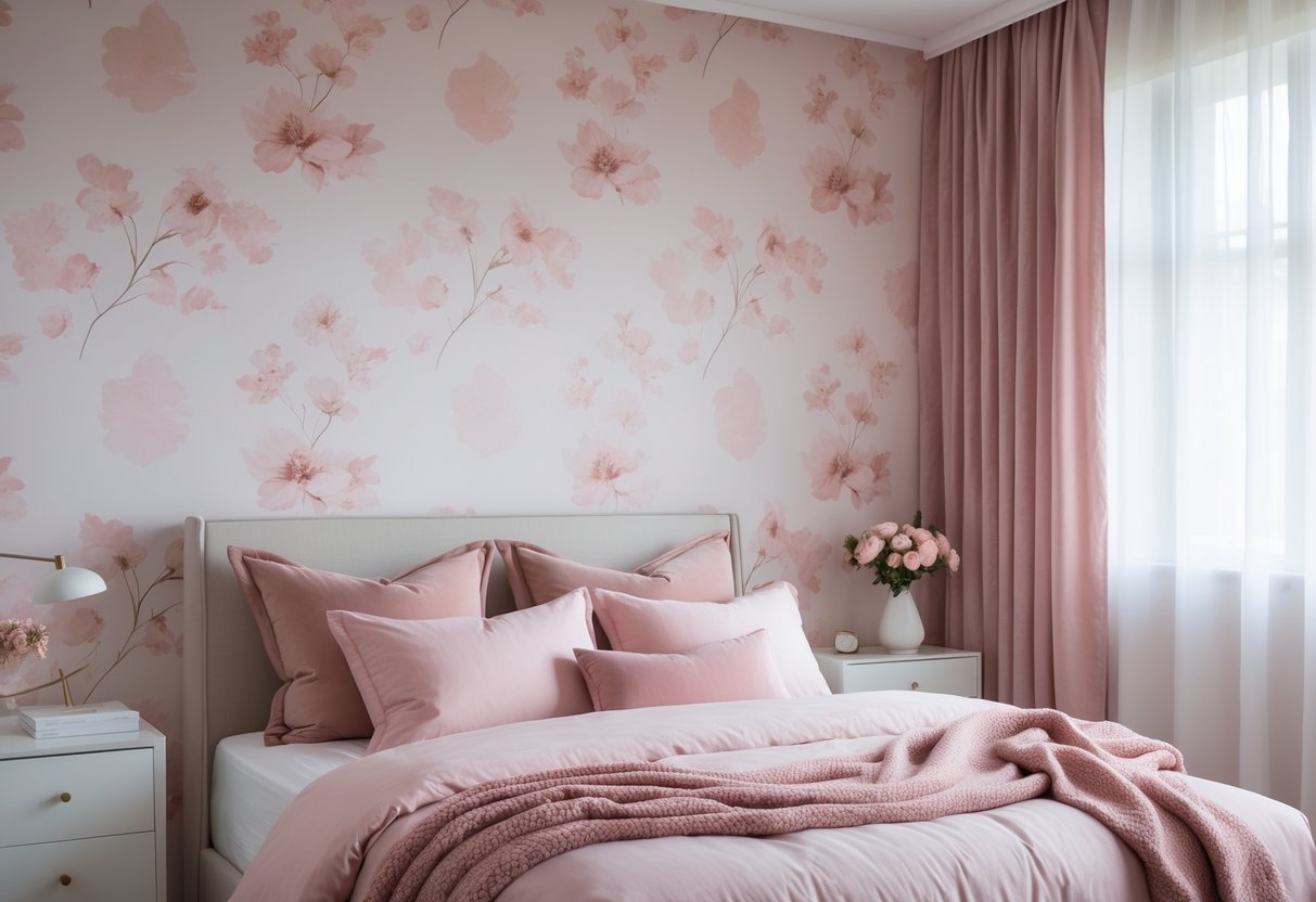 A bedroom with blush and dusty pink floral wallpaper, a neatly made bed with matching bedding, and soft natural light coming through sheer curtains.