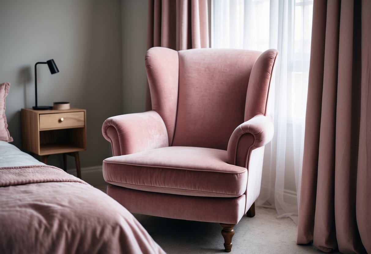 A dusty pink velvet armchair in a softly lit bedroom next to a window with sheer curtains and a bed in the background.