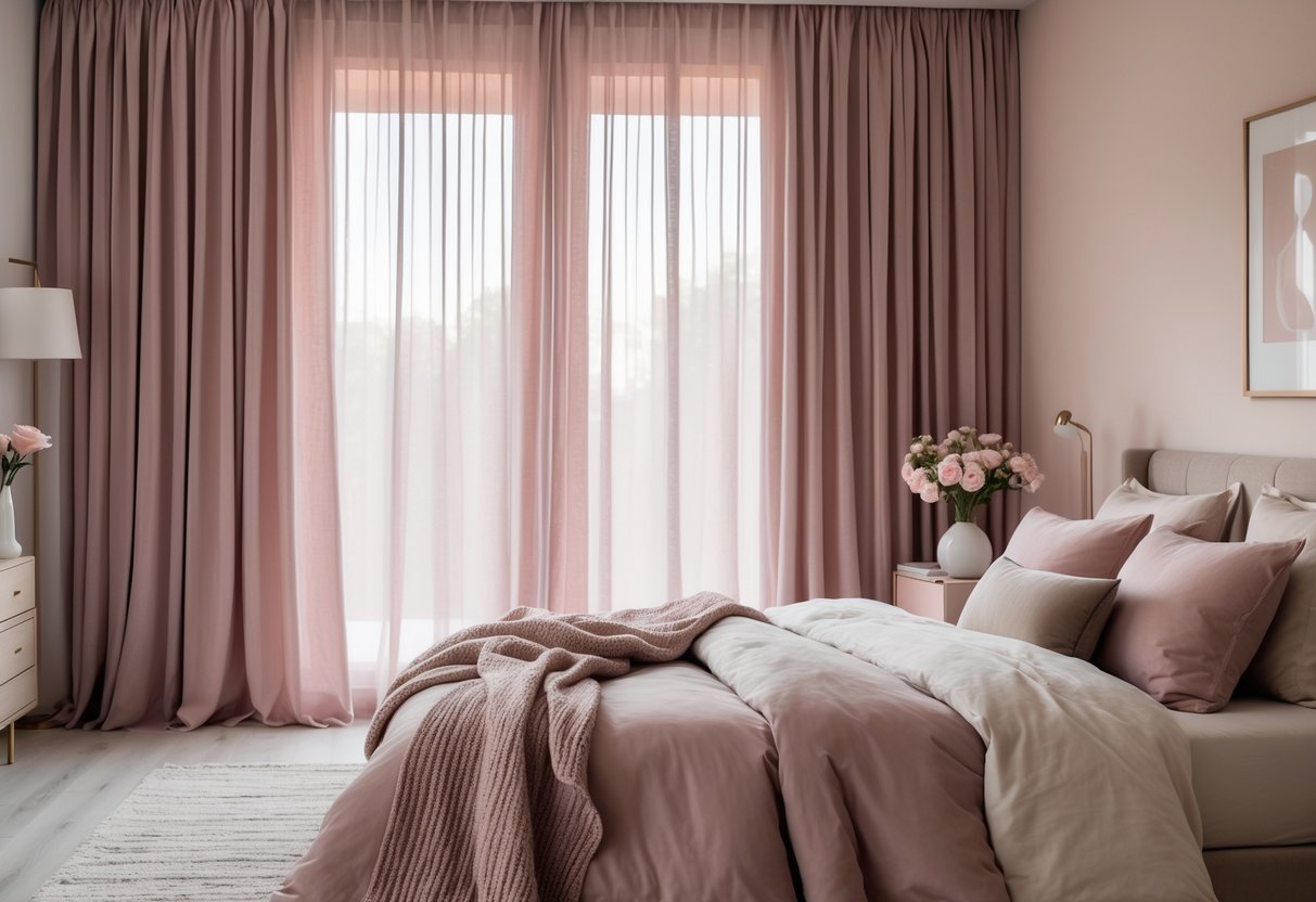 A bedroom with muted dusty pink curtains softly lighting a bed with matching linens and simple decor.