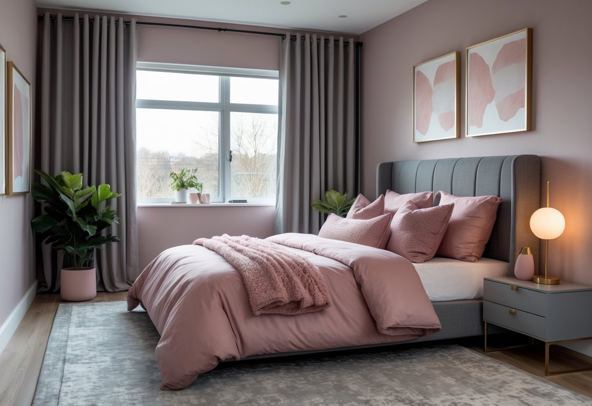 A bedroom with a dusty pink bed, gray headboard, gray nightstand, and soft natural light coming through a window with gray curtains.