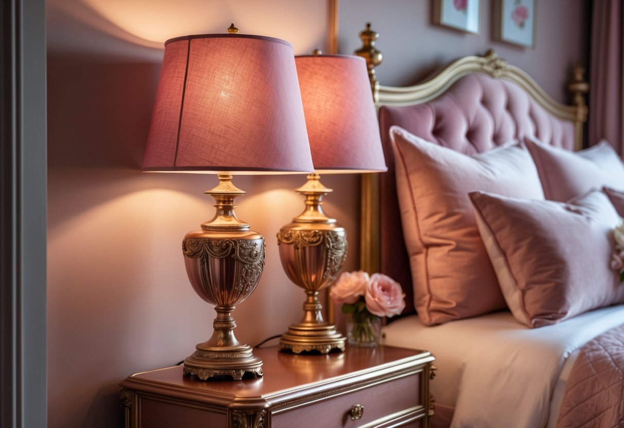A bedroom corner with two rose gold lamps with dusty pink shades on bedside tables next to a bed with pink and cream bedding.