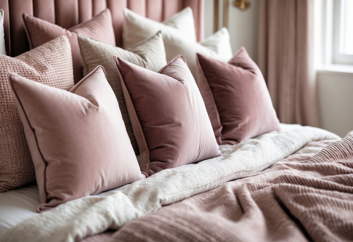 A bed with several dusty pink throw pillows in different textures arranged neatly in a bedroom with soft natural light.
