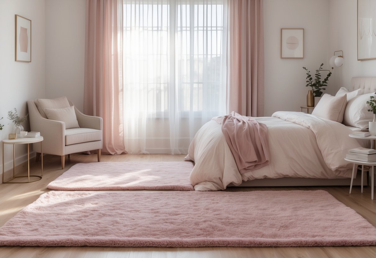 A bedroom with soft dusty pink area rugs on a wooden floor, a neatly made bed, natural light coming through sheer curtains, and simple furniture.