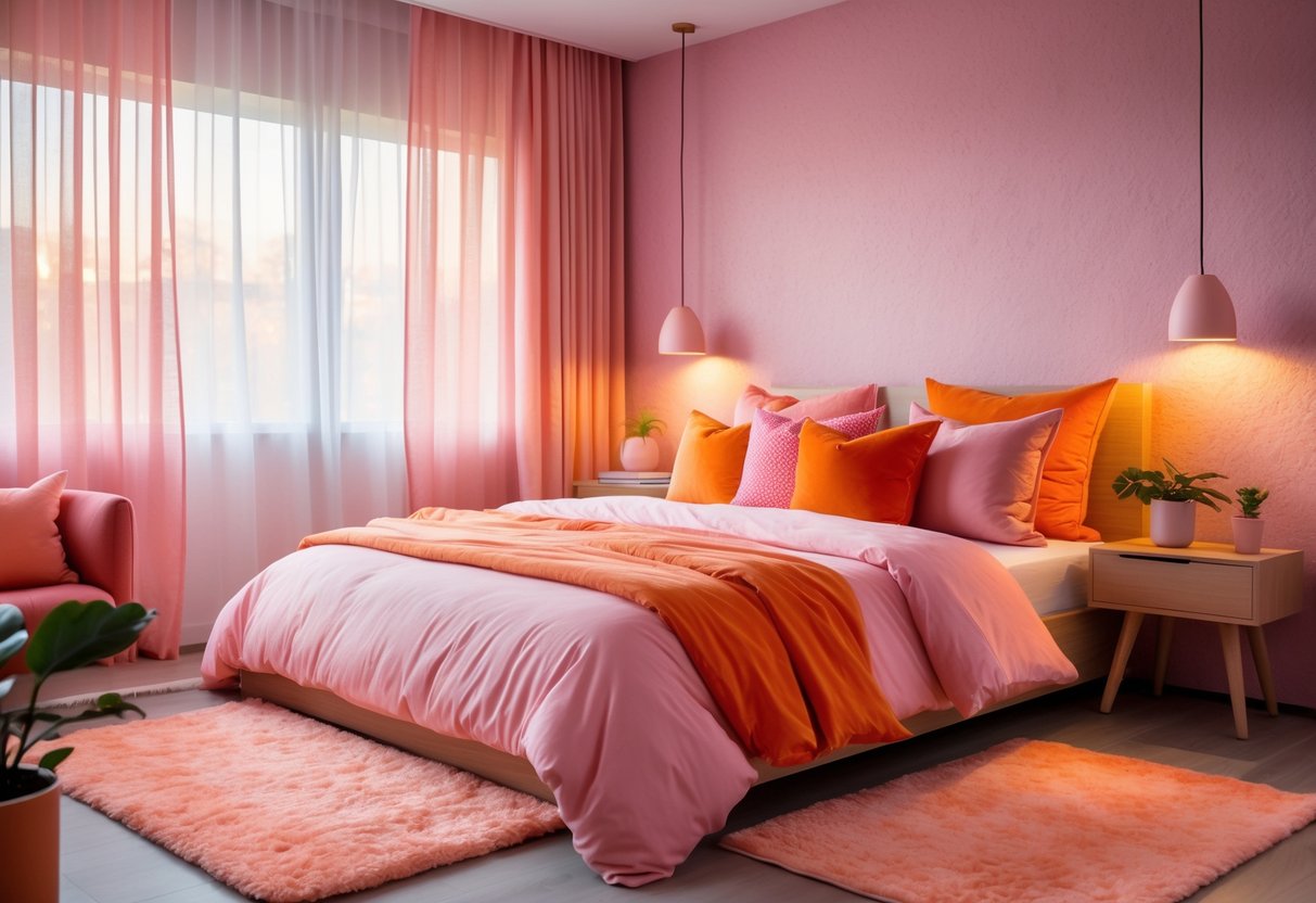 A bedroom with a bed dressed in pink and orange bedding, warm natural light, wooden furniture, and a small plant on a bedside table.