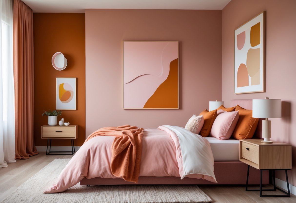 A bedroom with soft blush pink walls and a bold burnt orange accent wall, featuring a neatly made bed and modern furniture.