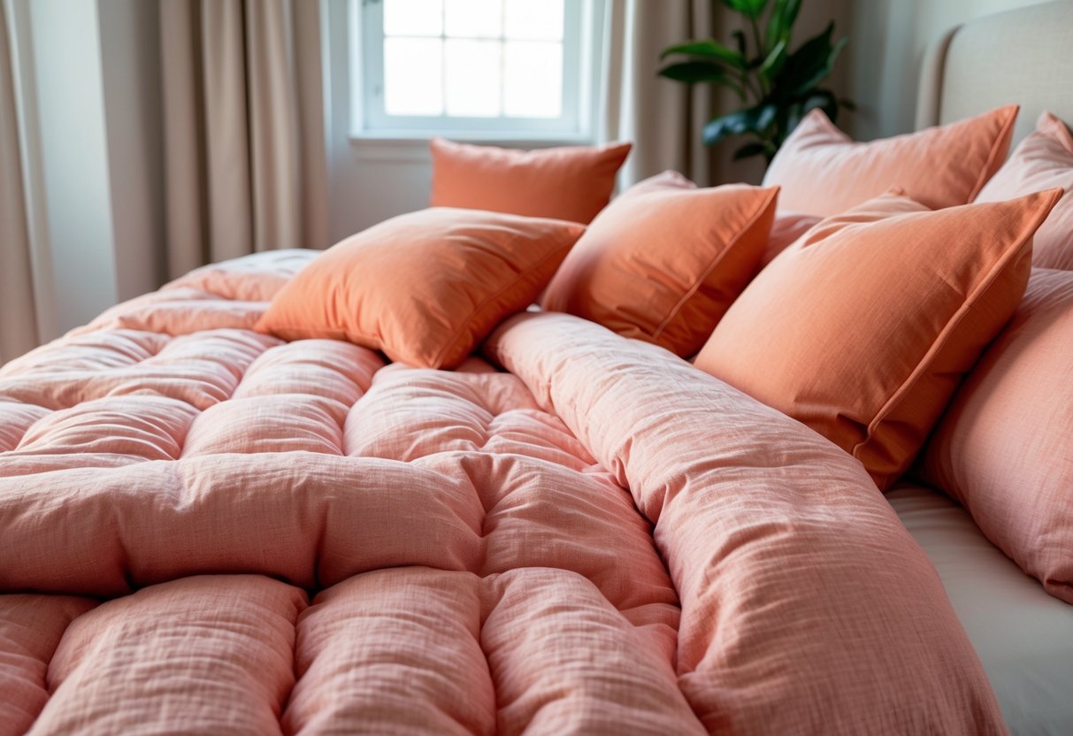 A bedroom with coral pink bedding and peachy orange throw pillows on the bed.