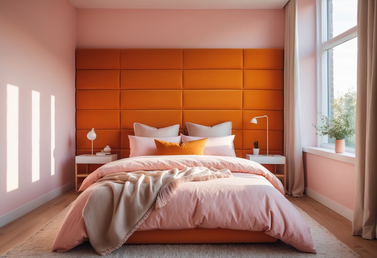 A bedroom with light pink walls and an orange headboard, a neatly made bed, and natural light coming through a window.