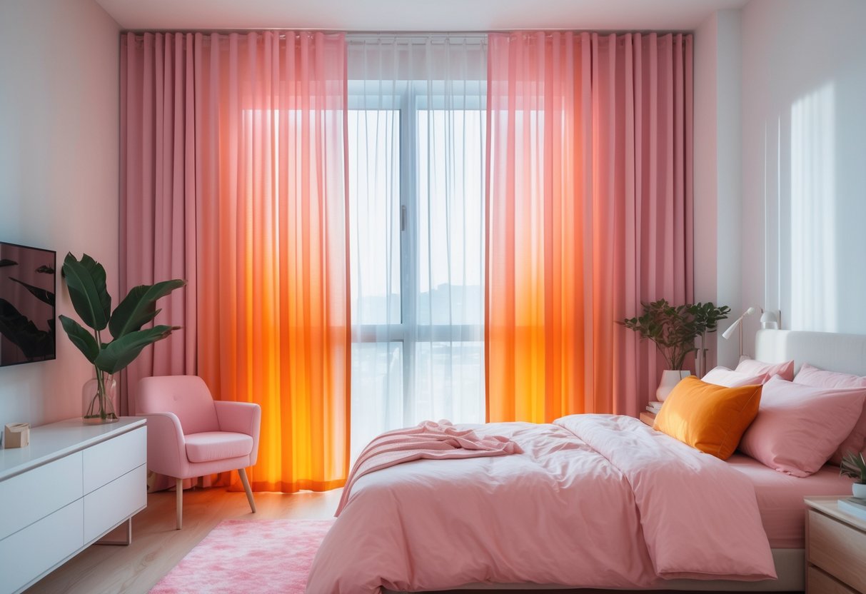 A bedroom with gradient ombre curtains transitioning from pink to orange next to a window, featuring a bed and bedside table with a plant.