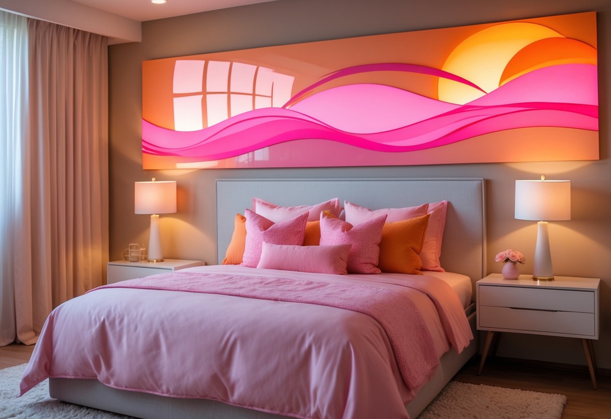 A cozy bedroom with a bed and abstract pink and orange sunset-themed wall art above it.