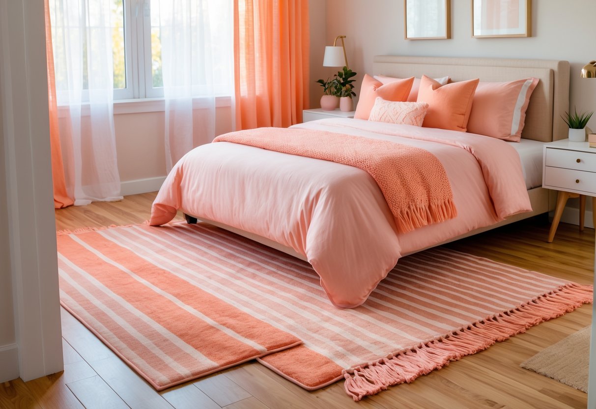 A bedroom with a peach and coral striped rug on the floor, a bed with pink and orange bedding, and natural light coming through windows.