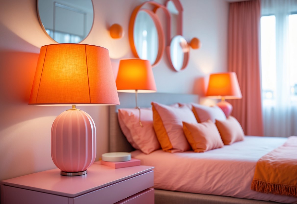 A bedroom with bright orange lampshades on soft pink bedside tables next to a bed.