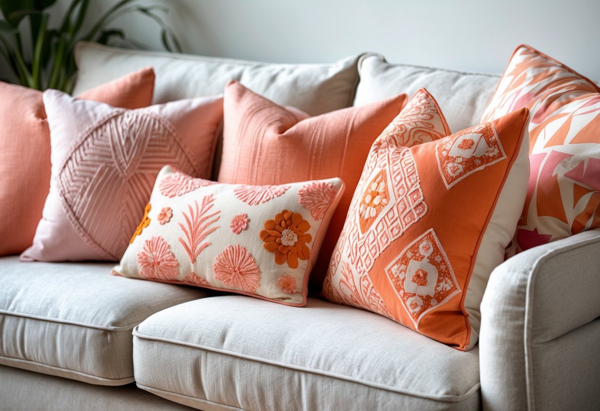 Neutral sofa with a variety of pink and orange patterned cushions arranged on it.