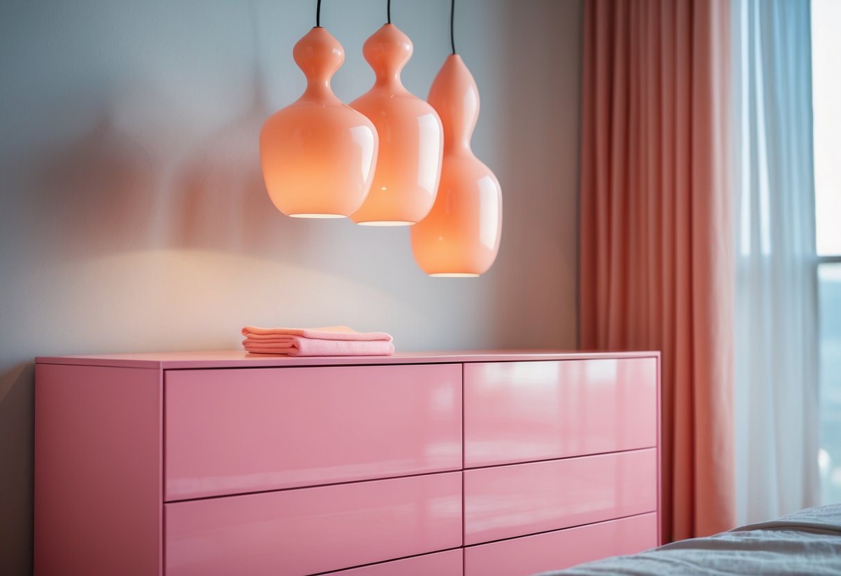 A pink dresser with three peachy orange pendant lights hanging above it in a bedroom.