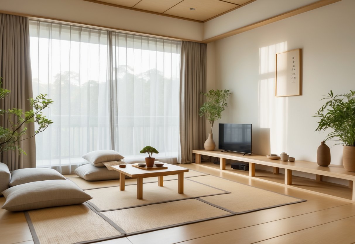A bright and cozy living room with low wooden furniture, floor cushions, plants, and natural light coming through large windows.