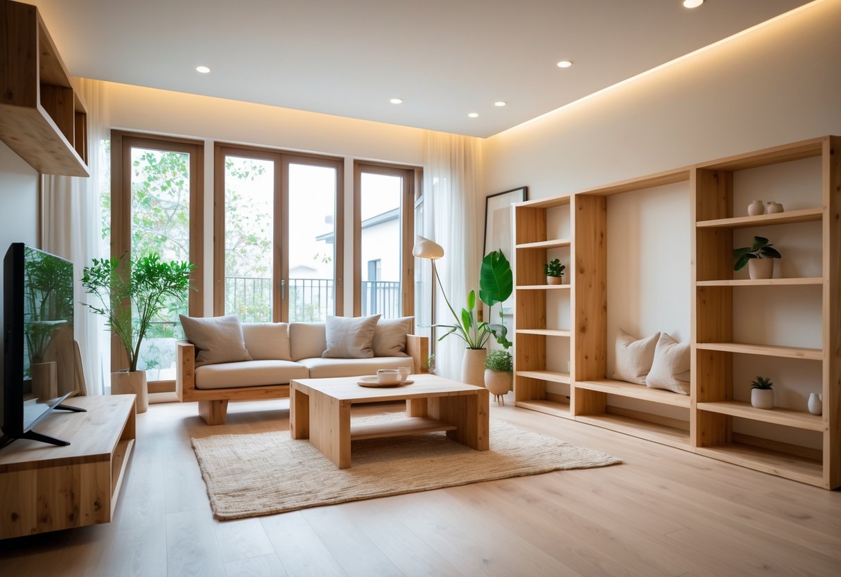 A bright living room with natural wood furniture, neutral cushions, plants, and large windows letting in sunlight.