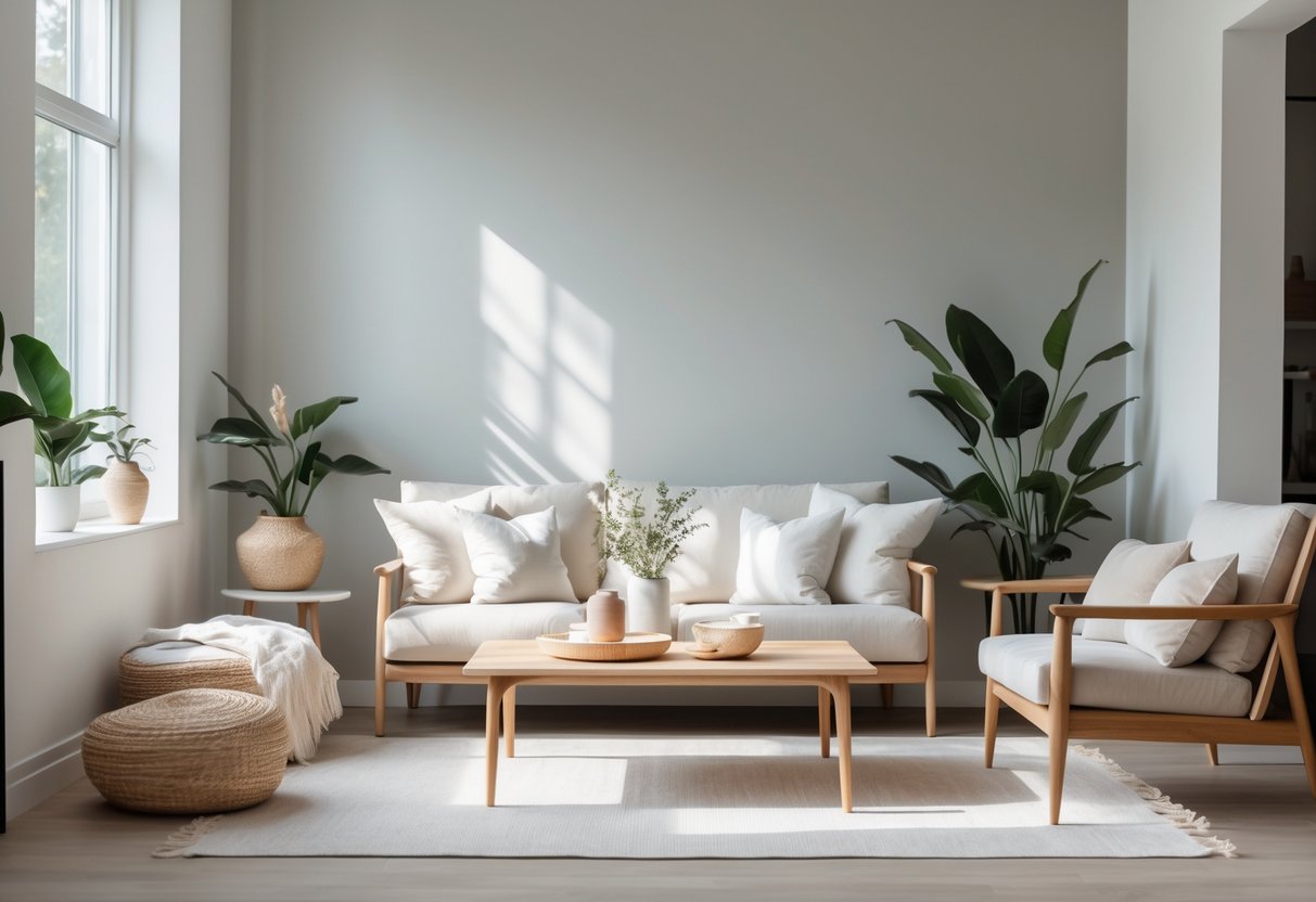 A bright living room with soft white and gray walls, a sofa, coffee table, and plants, illuminated by natural light.