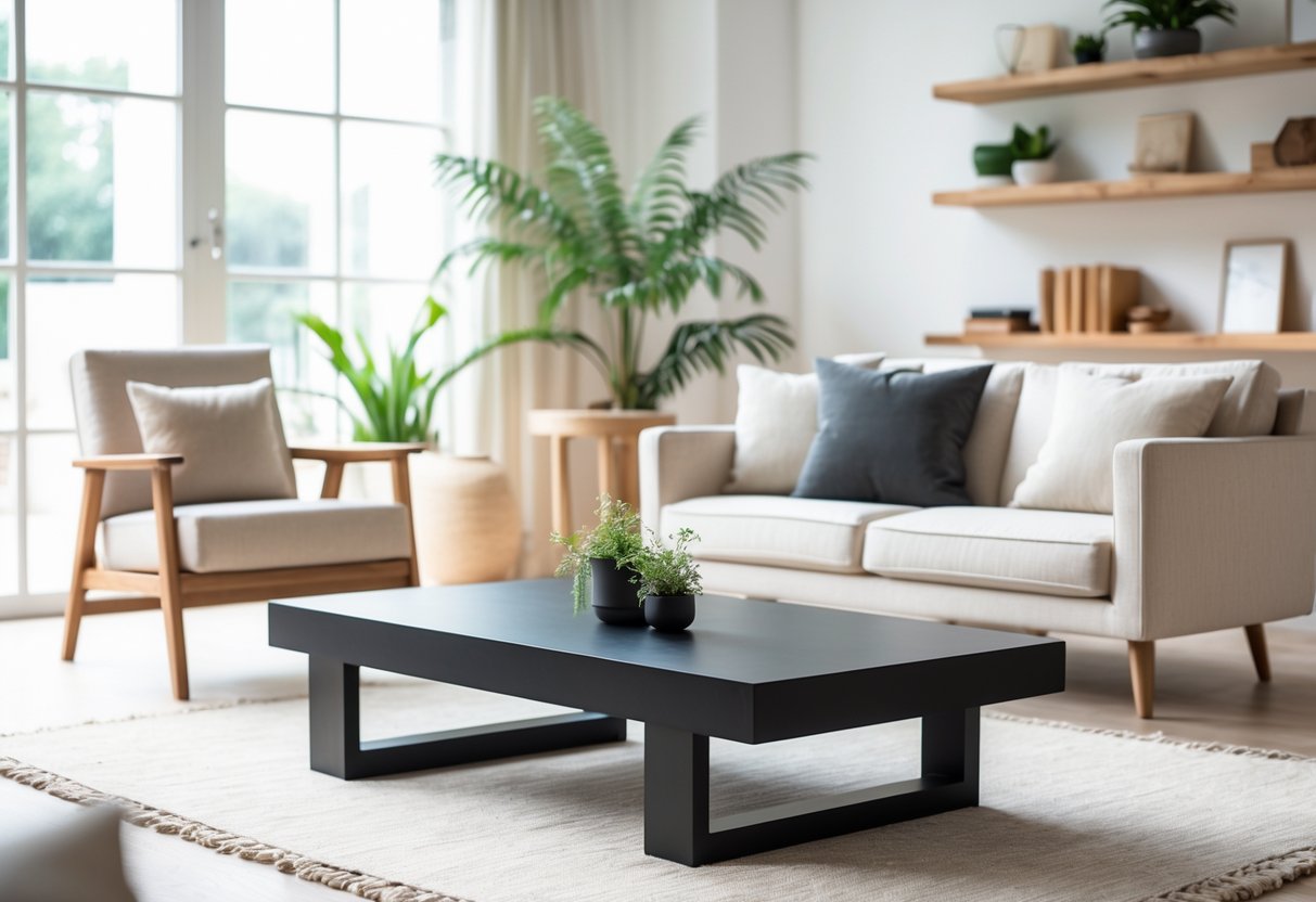A bright living room with a low black coffee table surrounded by a sofa and armchair, with plants and shelves in the background.
