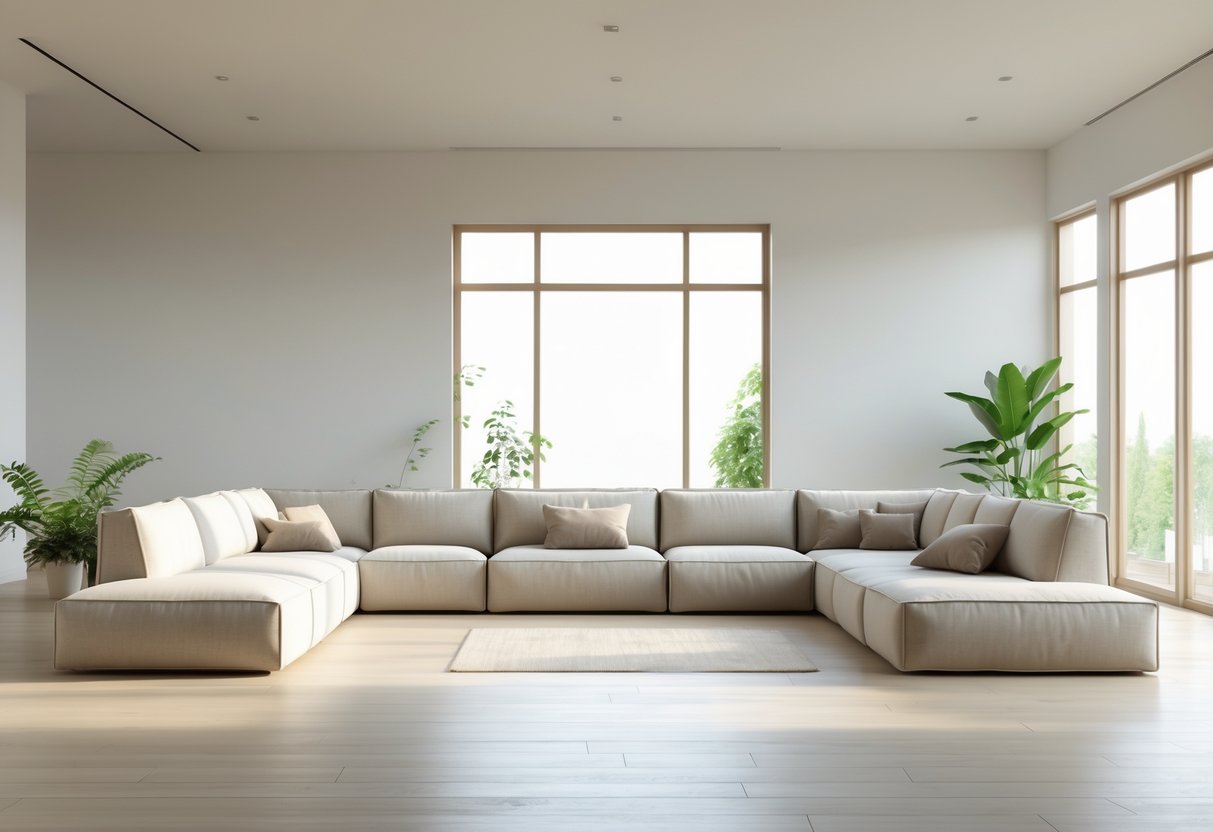 A spacious living room with a modular sectional sofa, wooden flooring, large windows, and green plants.