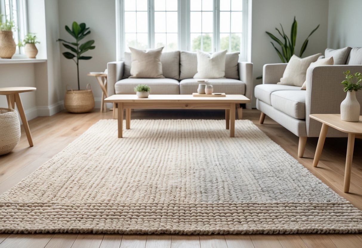 A calm living room with a wooden floor covered by textured neutral-colored rugs, a sofa, coffee table, and natural light coming through large windows.