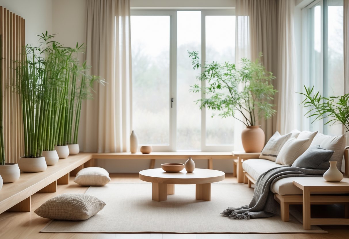 A calm living room with minimalist furniture, natural wood accents, and green bamboo and bonsai plants placed around the space.
