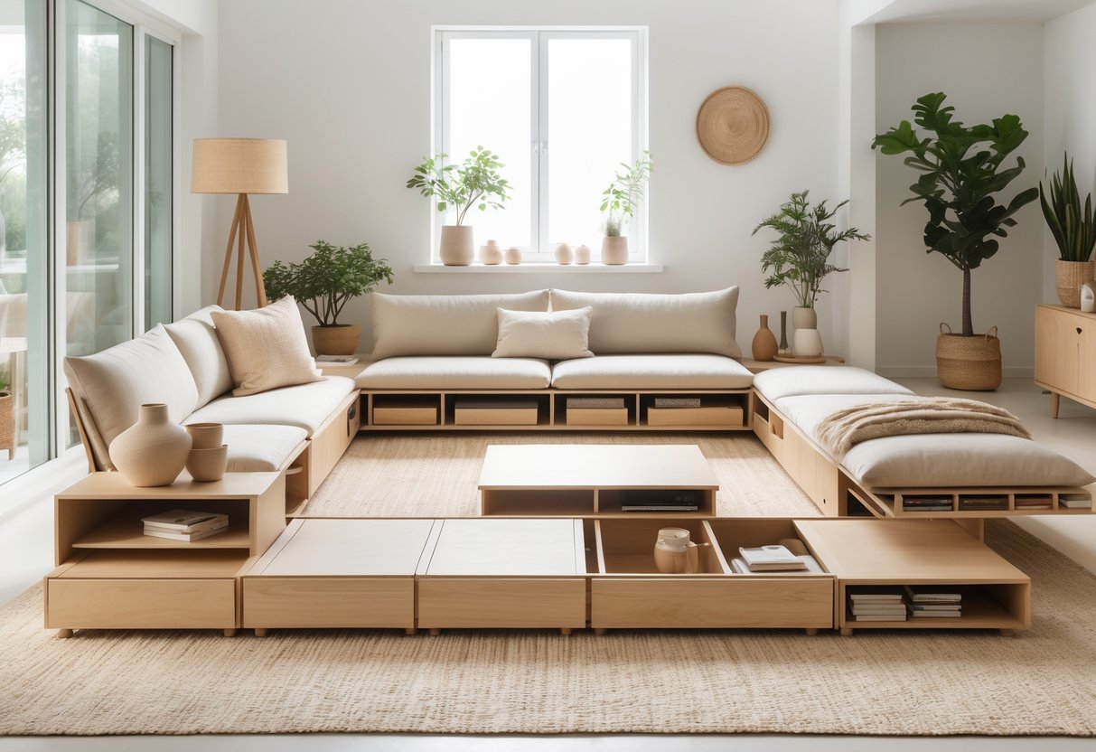 A bright living room with wooden furniture that includes storage compartments, natural light, plants, and simple decorative items arranged neatly.