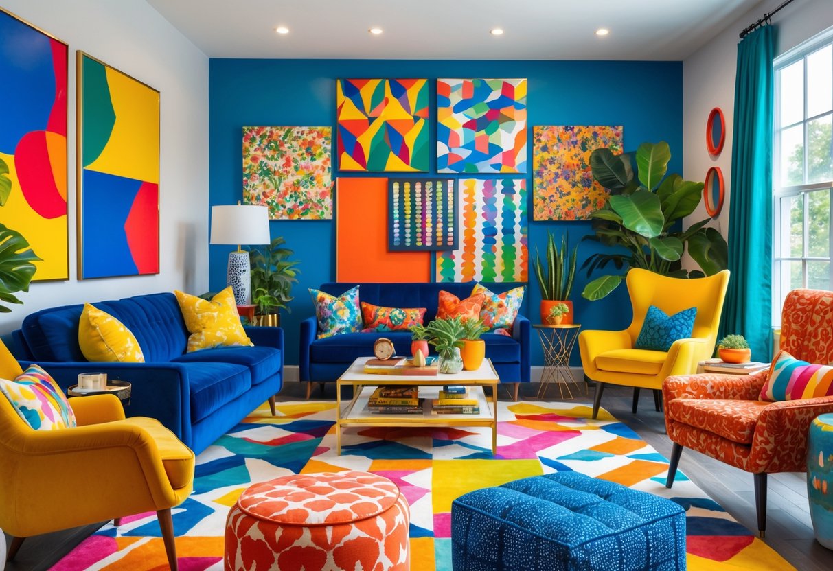 A living room with various colorful furniture, decorative pillows, rugs, plants, and artwork, filled with natural light.