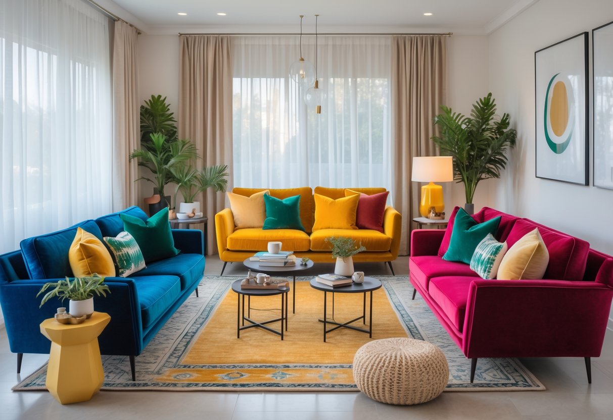 A living room with multiple colorful velvet sofas arranged around coffee tables, with natural light coming through large windows.