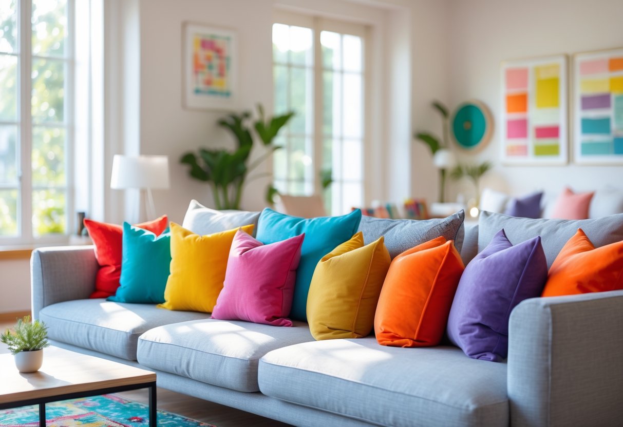 Living room with a sofa decorated with ten colorful throw pillows in various bright colors, a coffee table, and natural light coming through large windows.
