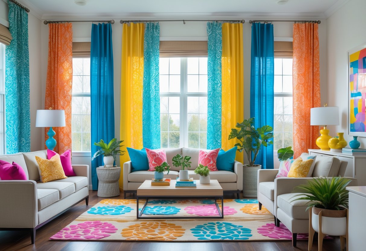 A living room with large windows covered by bright patterned curtains, a sofa, coffee table, indoor plants, and colorful decor.