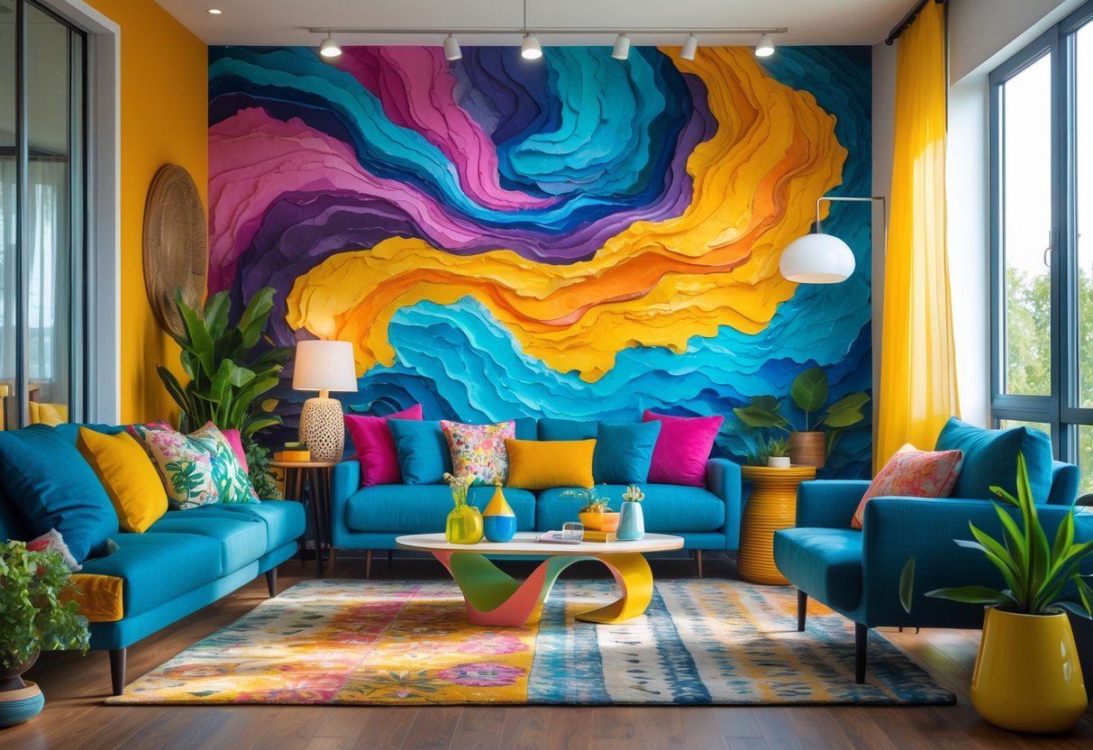 A bright living room with a large colorful wall mural, sofa, coffee table, plants, and natural light.